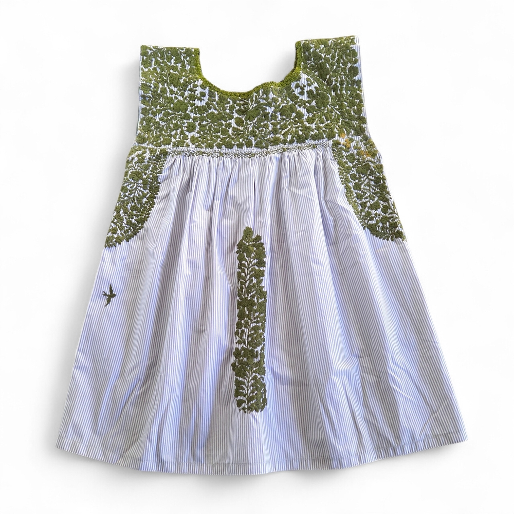 MI GOLONDRINA Mexico Flores Embroidered Blouse Green Striped Sleeveless Top XS